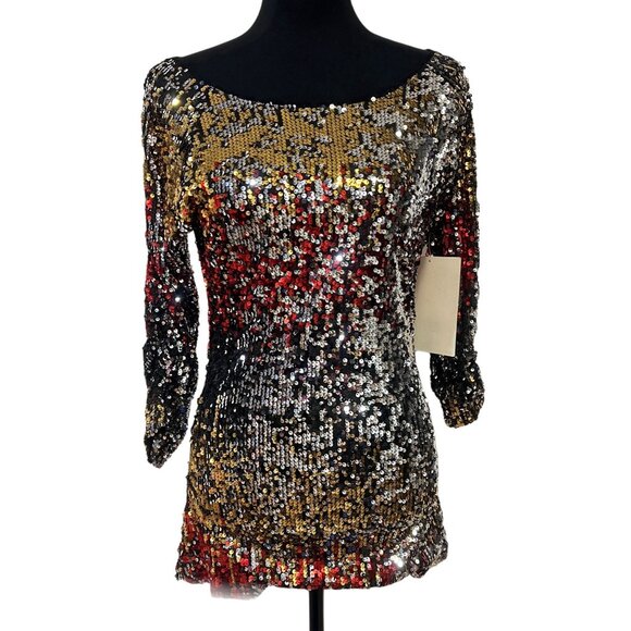 Boston Proper Sequin Mini Bodycon Top Dress Cold Shoulder Pullover Multicolor XS - Picture 4 of 11